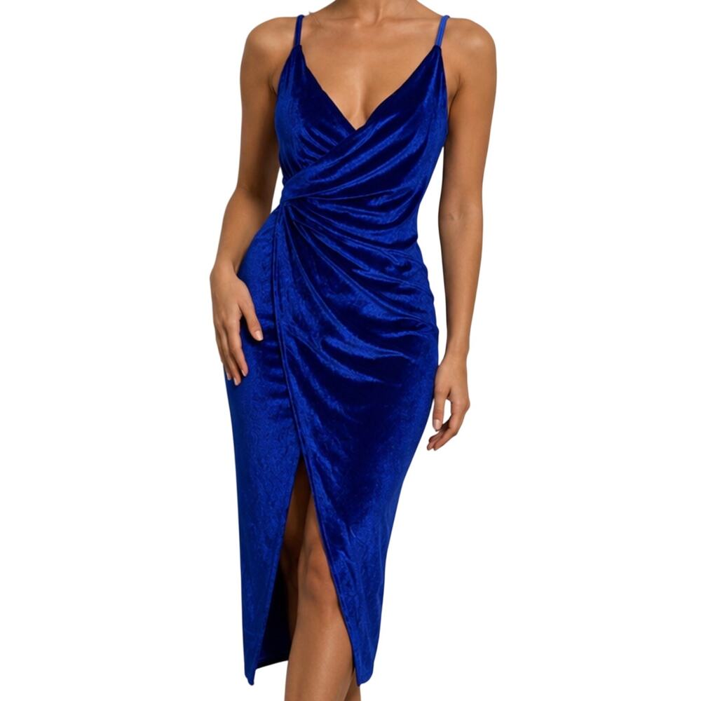 Area Stars Dress XS Womens Blue Velvet Going Out Cocktail Party V-Neck Slit New